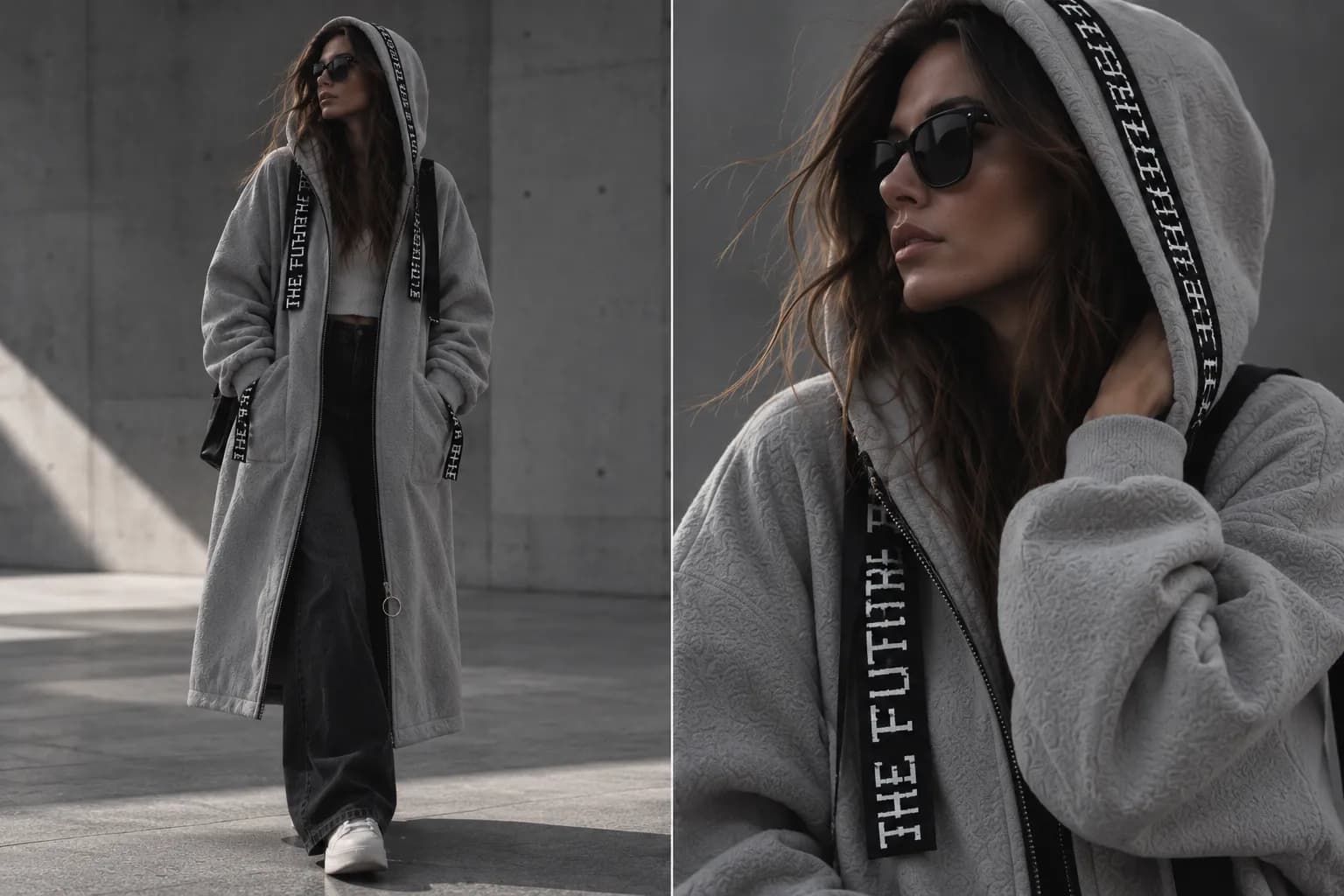 The Fleece Coat — editorial full look and hood detail